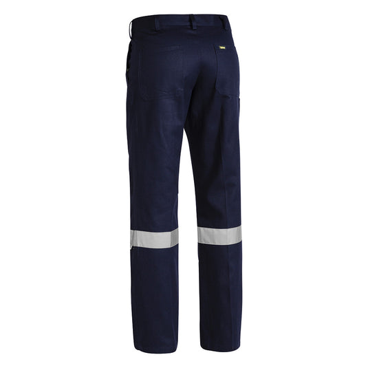 Bisley Original Taped Work Trousers featuring reflective stripes on the lower leg, single front pleats, multiple pockets, and reinforced belt loops, ideal for workplace safety and functionality.