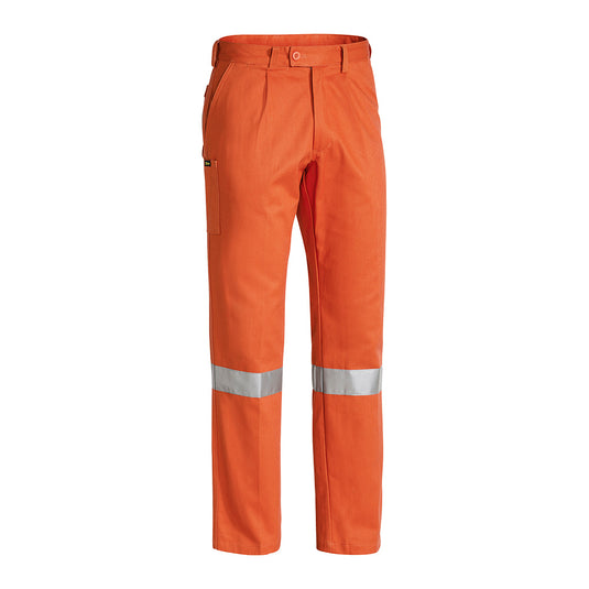 Bisley Original Taped Work Trousers featuring reflective stripes on the lower legs, single front pleats, multiple pockets for tools and mobile, and reinforced belt loops, suitable for safety-focused work environments.