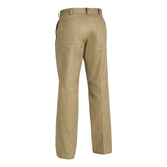 Bisley Original Cotton Drill Trousers with single front pleats, angled side pockets, and reinforced belt loops shown in detail, highlighting their durable construction ideal for safety and workwear needs.