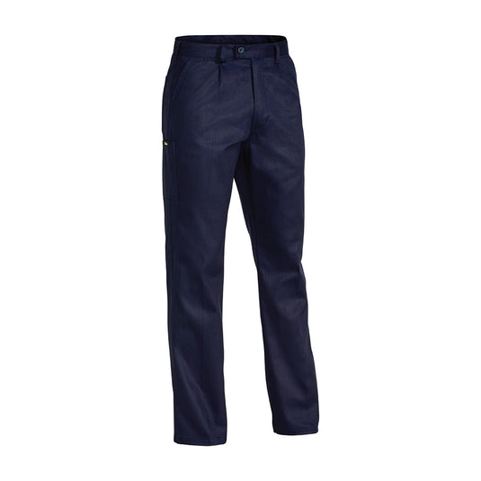 Bisley Original Cotton Drill Trousers featuring single front pleats, angled side pockets, and reinforced belt loops, ideal for workplace safety and durability, available at Active Safety.