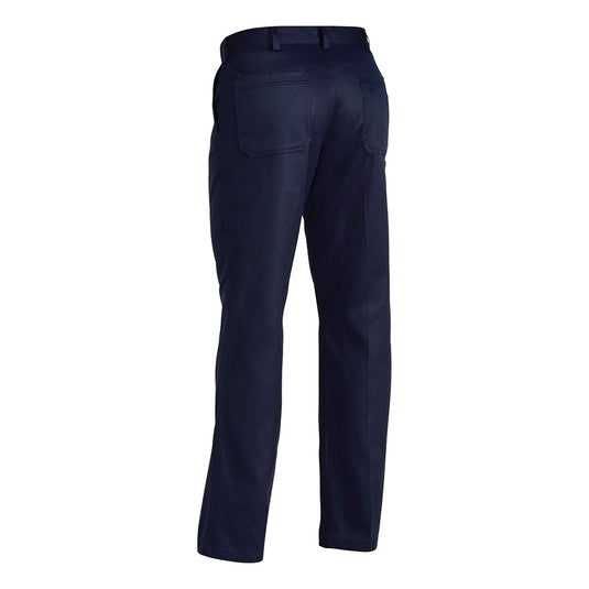 Bisley Original Cotton Drill Trousers featuring single front pleats, two angled side pockets, two back patch pockets, a mobile phone pocket, coin pocket, and seven reinforced belt loops, ideal for workplace safety.