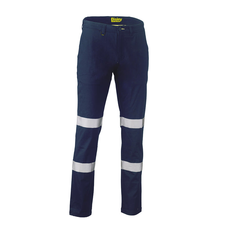 Load image into Gallery viewer, Bisley Biomotion Stretch Cotton Drill Work Pants featuring reflective stripes, angled side pockets, and reinforced belt loops, designed for safety and comfort in active workplace environments.