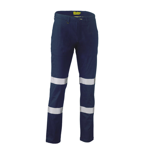 Bisley Biomotion Stretch Cotton Drill Work Pants featuring reflective stripes, angled side pockets, and reinforced belt loops, designed for safety and comfort in active workplace environments.