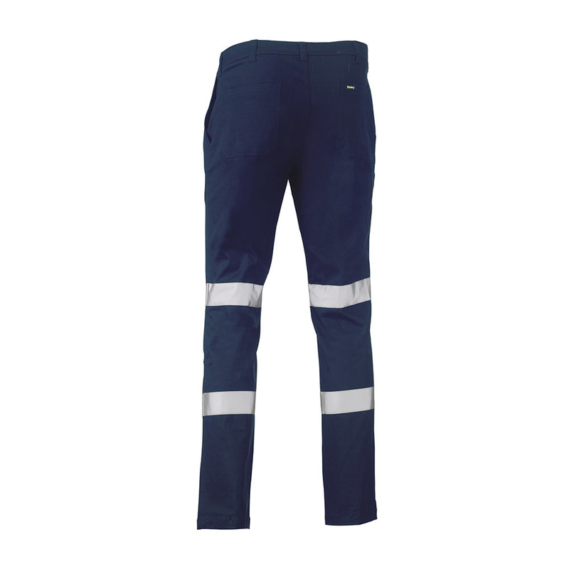 Load image into Gallery viewer, Bisley Biomotion Stretch Cotton Drill Work Pants featuring reflective stripes, curved waistband, and multiple pockets, designed for safety and comfort in active work environments.