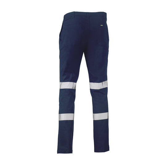 Bisley Biomotion Stretch Cotton Drill Work Pants featuring reflective stripes, curved waistband, and multiple pockets, designed for safety and comfort in active work environments.