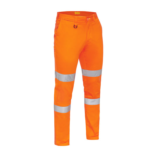 Bisley Biomotion Stretch Cotton Drill Work Pants featuring reflective stripes, a curved waistband, side and back pockets, and reinforced belt loops, ideal for safety and workplace environments.