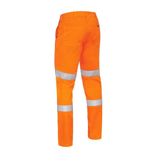 Bisley Biomotion Stretch Cotton Drill Work Pants featuring reflective stripes, stretch fit with a curved waistband, and multiple pockets, ideal for safety and utility in workplace environments.