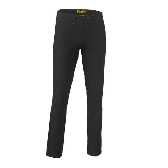 Bisley Stretch Cotton Drill Work Pants showcasing a curved waistband, angled side pockets, back patch pockets, and a mobile phone pocket, designed for durability and comfort with microbial protection for workplace safety.