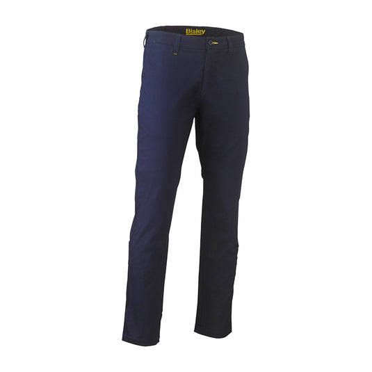 Bisley Stretch Cotton Drill Work Pants featuring a curved waistband, multiple pockets including a mobile phone pocket, and reinforced belt loops, designed for durability and comfort in active work environments.