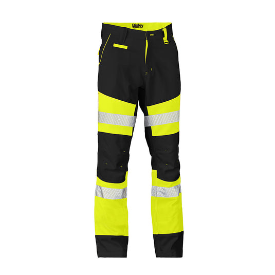 Bisley Biomotion Taped Pants featuring perforated reflective tape, curved waistband, reinforced front rise, multiple pockets, and sturdy belt loops, ideal for safety-focused work environments.