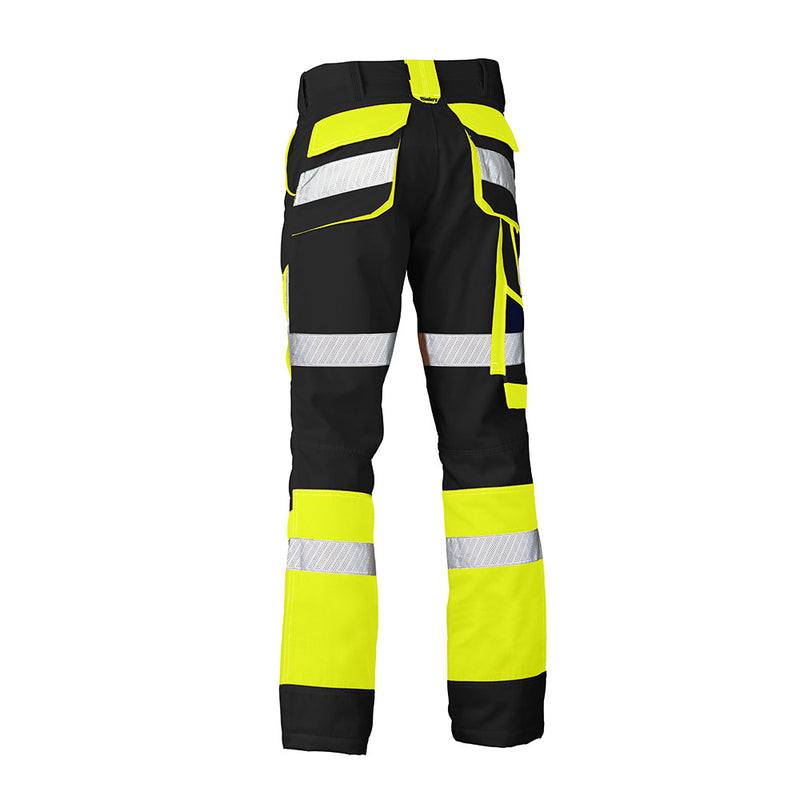 Load image into Gallery viewer, Bisley Biomotion Taped Pants featuring yellow reflective stripes, curved waistband, and multiple functional pockets, ideal for safety workwear.