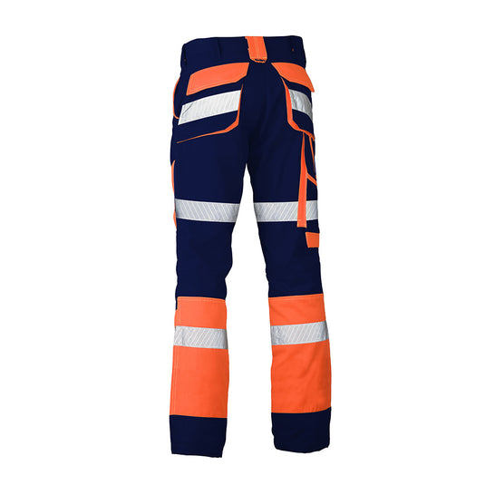 Bisley Biomotion Taped Pants featuring reflective biomotion tape, multiple pockets including ruler and phone pockets, and a curved waistband for comfort, ideal for safety-conscious workwear.
