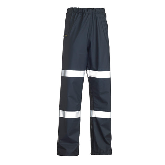 Bisley Taped Stretch PU Rain Trouser, Navy, featuring reflective biomotion tape, adjustable snap hem, and elastic waistband for comfort. Designed for durability with double-layer knees and heat-sealed seams.