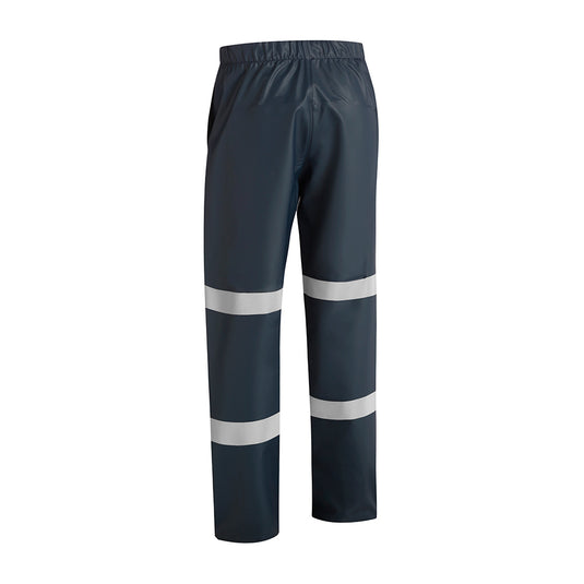 Bisley Taped Stretch PU Rain Trouser, Navy, featuring reflective stripes and heat-sealed seams, offers waterproof protection. Elasticated waistband and adjustable hem ensure comfort, ideal for safety and work environments.