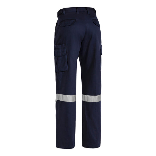 Bisley Original 8 Pocket Taped Cargo Pant showcasing reflective tape on lower legs, multiple pockets including cargo and welt, adjustable waistband, reinforced belt loops, and durable YKK zipper, ideal for workplace safety.