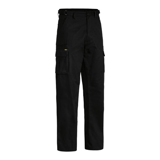 Bisley 8 Pocket Cargo Pant featuring adjustable side tabs, multiple pockets including cargo and welt pockets with touch tape flaps, reinforced belt loops, and a YKK zipper, ideal for workplace safety and utility.