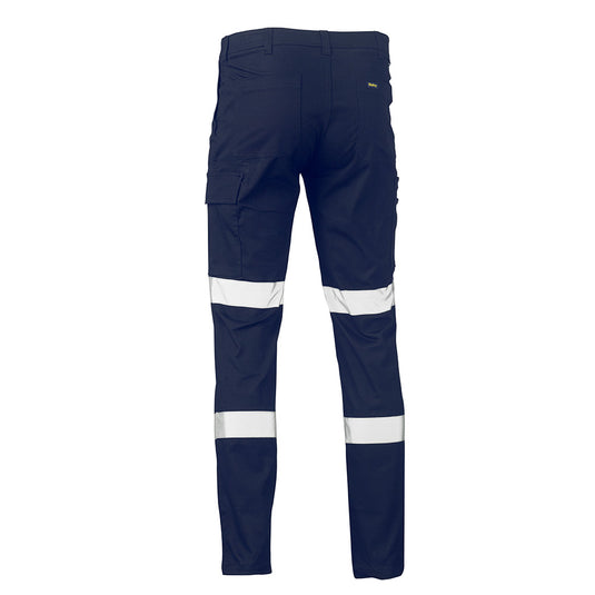 Bisley Stretch Tape Cotton Drill Cargo Pants featuring stretch reflective biomotion tape, curved waistband, angled and patch pockets, reinforced belt loops, and YKK zipper, ideal for workplace safety and functionality.