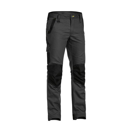 Bisley Flex & Move Stretch Pant featuring a modern fit with a curved waistband, multi-functional pockets, reinforced knees, and contrast poly carbon oxford for durability, ideal for workplace safety and comfort.