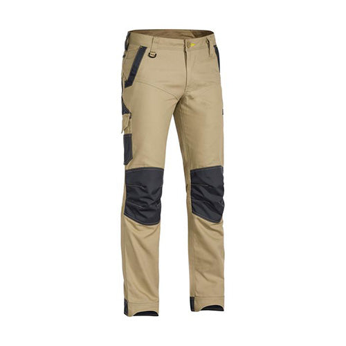 Bisley Flex & Move Stretch Pant featuring black patches, functional pockets, and durable reinforced areas for high abrasion, suited for active workplaces. Designed for comfort with a curved waistband and modern fit.