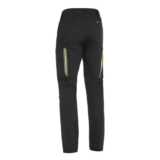 Bisley X Airflow Stretch Ripstop Vented Cargo Pant, featuring back view with neon-yellow striped zip pockets, belt loops, and double-layered knee, ideal for workplace safety and utility.