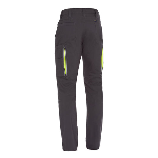 Bisley X Airflow Stretch Ripstop Vented Cargo Pant features rear view with zippered thigh pockets, reflective ventilation, and reinforced knees, ideal for active safety use in work or outdoor settings.