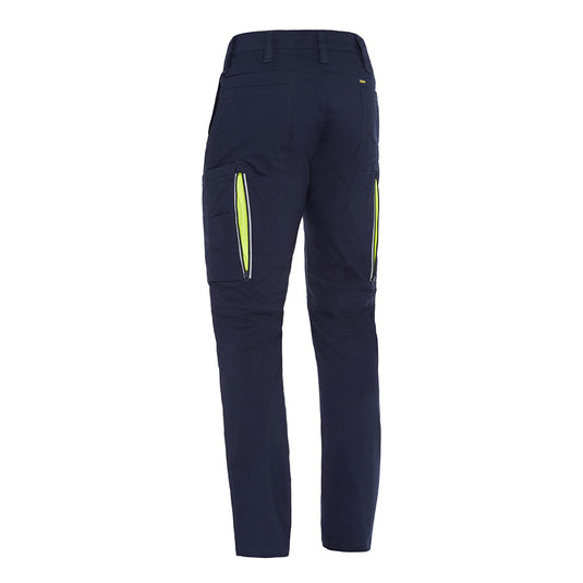 Bisley X Airflow Stretch Ripstop Vented Cargo Pant features articulated knees, zippered hi-vis lined cargo pockets, and a straight waistband with reinforced belt loops, ideal for safety-focused work environments.
