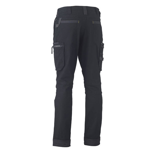 Bisley Flex & Move Utility Zip Cargo Pants back view, showcasing belt loops, two rear pockets, zip/flap cargo pockets, and Kevlar® knee patches, designed for durability and movement in active work environments.