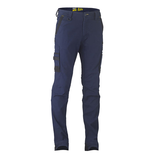 Bisley Flex & Move Stretch Utility Cargo Pants featuring black pockets and oversized cargo compartments, designed with Cordura® reinforced areas for durability and a contoured leg for active movement, ideal for safety and work environments.