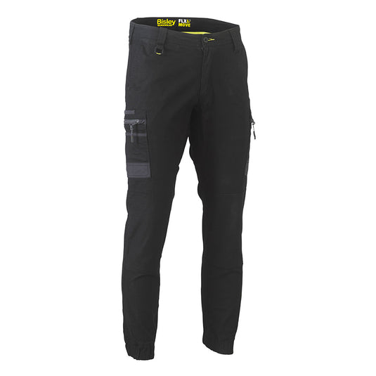 Bisley Flex & Move Stretch Cargo Cuffed Pants feature a jogger cut with elastic cuffs, zip-closure cargo pockets, and reinforced knees, ideal for durability and comfort in demanding work environments.