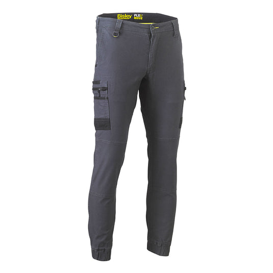 Bisley Flex & Move Stretch Cargo Cuffed Pants featuring multiple utility pockets, elasticated cuffs, and reinforced knees, designed for durability and comfort in active work environments.