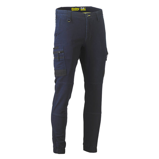 Bisley Flex & Move Stretch Cargo Cuffed Pants, featuring slim tapered legs, reinforced knees, and multifunctional pockets, showcase workwear durability and comfort with reinforced stress areas and a modern fit.