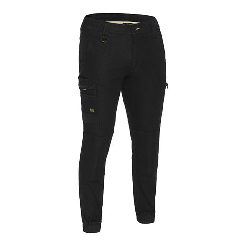 Bisley Stretch Denim Cargo Cuffed Pants featuring multifunctional pockets, oversized cargo pockets, and tool loops. Designed for durability with Cordura® highlights and double layer knees, ideal for safety and work environments.