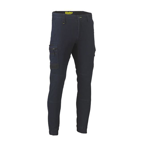 Bisley Stretch Denim Cargo Cuffed Pants featuring multi-functional pockets, including oversized cargo pockets and tool loops. Designed with a durable double-layer knee and reinforced belt loops, ideal for workplace safety and comfort.
