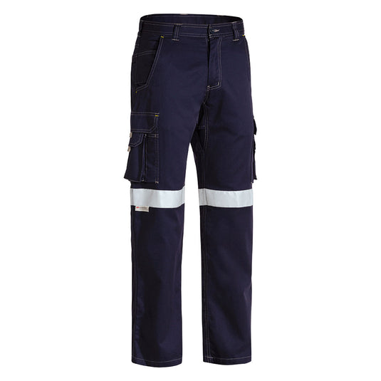 The Bisley Taped Lightweight Cargo Pants feature dark-navy fabric with multiple side pockets and a reflective band on each lower leg, ideal for safety-focused work environments.