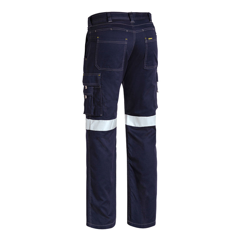 Load image into Gallery viewer, Bisley Taped Lightweight Cargo Pants from the back, featuring rear patch pockets, side cargo pockets with flaps, reflective bands on lower legs, contrast stitching, and seven belt loops for industrial safety.