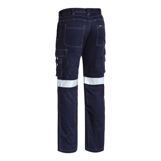 Bisley Taped Lightweight Cargo Pants from the back, featuring rear patch pockets, side cargo pockets with flaps, reflective bands on lower legs, contrast stitching, and seven belt loops for industrial safety.