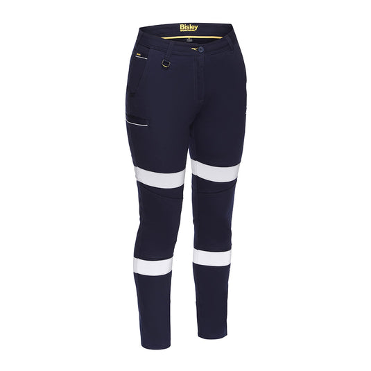 Bisley Women's Taped Stretch Cotton Pants featuring reflective biomotion tape, tapered stovepipe style, and multiple pockets for utility, ideal for safety-focused work environments.