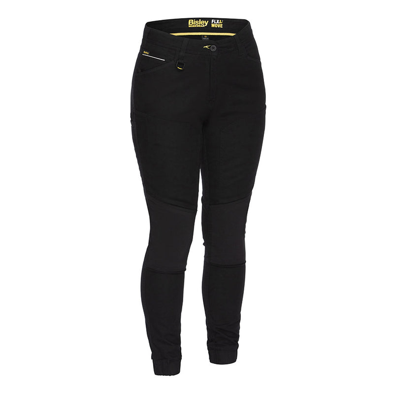 Load image into Gallery viewer, Bisley Womens Flex & Move Shield Panel Pants feature a mid-rise, slim-fit design with reinforced knee panels, elastic cuffs, and multiple pockets, ideal for workplace durability and comfort.