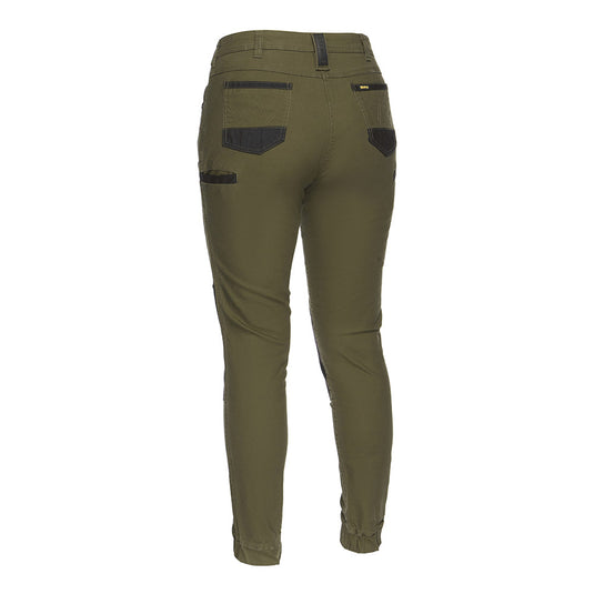 Bisley Womens Flex & Move Shield Panel Pants, showcasing a back view with slim-fit jogger style, black-accented back pockets, belt loops, thigh pocket, and elasticized cuffs, designed for comfort and durability in active work settings.