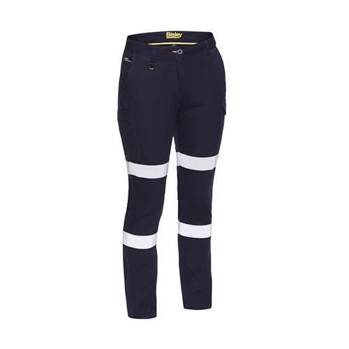 Bisley Women’s Taped Cotton Cargo Pants, Navy, featuring white stripes, mid-rise fit, straight leg, and multiple pockets including angled side pockets, coin, utility, and cargo pockets, ideal for workplace safety and comfort.