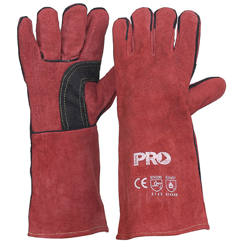 Pro Red Kevlar Welding Gloves, designed for durability with reinforced palms and Kevlar stitching, are seen close-up. Ideal for welding and construction, they offer extended forearm protection and are suitable for various industrial tasks.