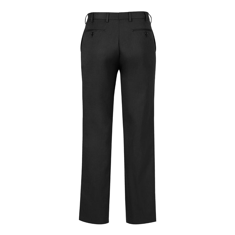Load image into Gallery viewer, Biz Men's Detroit Pant, Stout, black dress trousers viewed from the back, featuring BIZ FLEXI-BAND™ waistband for comfort, durable Poly Viscose fabric with Teflon® stain release, tailored for workplace resilience.