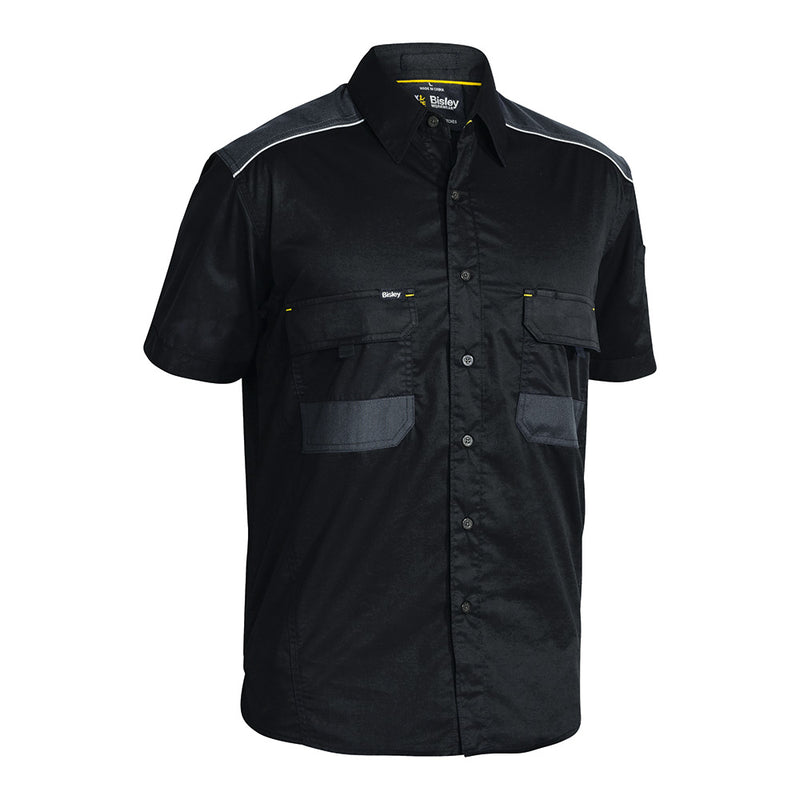 Load image into Gallery viewer, Bisley Flex & Move Mechanical Stretch Shirt, featuring two mitred chest pockets with touch tape closure, a structured collar, and reflective cord piping, designed for comfort and durability in active work environments.