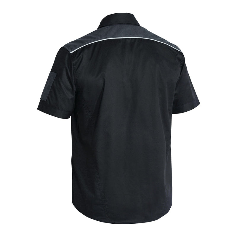Load image into Gallery viewer, Bisley Flex & Move Mechanical Stretch Shirt, featuring a white stripe, reflective cord piping, and two chest pockets with closures, designed for comfort and durability in active work environments.