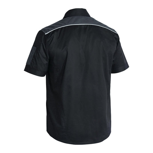 Bisley Flex & Move Mechanical Stretch Shirt, featuring a white stripe, reflective cord piping, and two chest pockets with closures, designed for comfort and durability in active work environments.