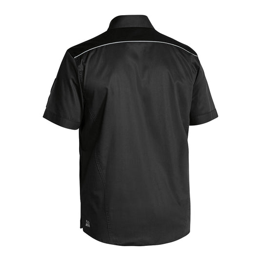 Bisley Flex & Move Mechanical Stretch Shirt featuring reflective piping and chest pockets with closures, designed for durability and movement, ideal for safety and work environments.