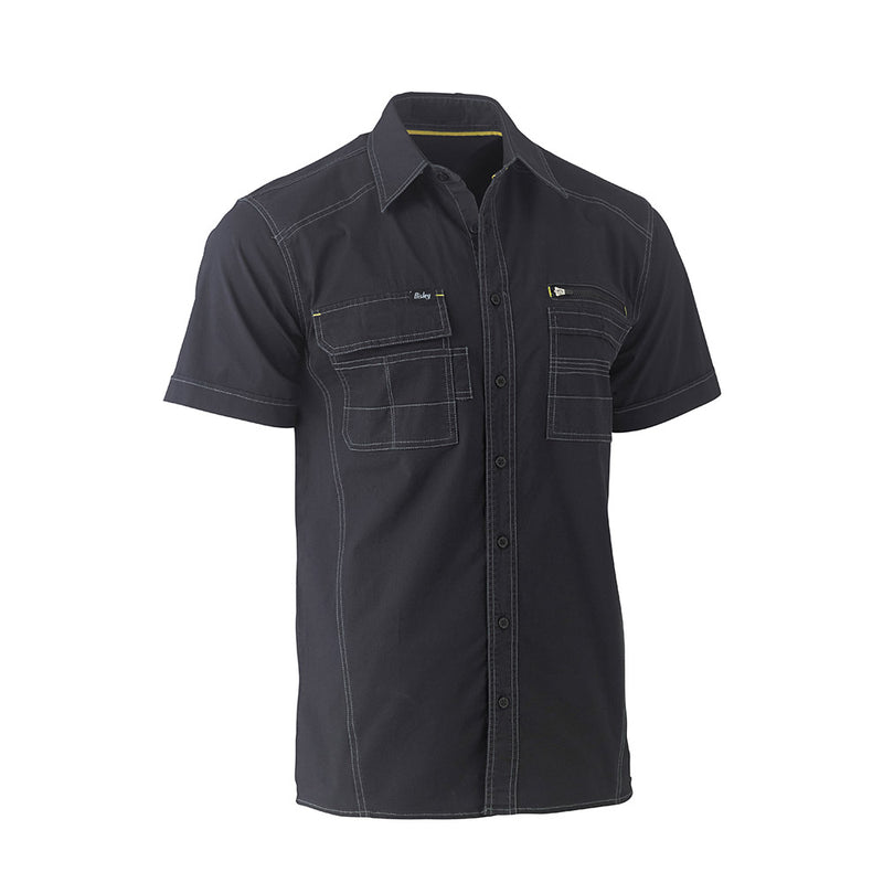 Load image into Gallery viewer, Bisley Flex & Move Utility Shirt showcasing multifunctional chest pockets for pens and sunglasses, a structured collar with hanger loop, designed for comfort and movement, ideal for active workplace settings.