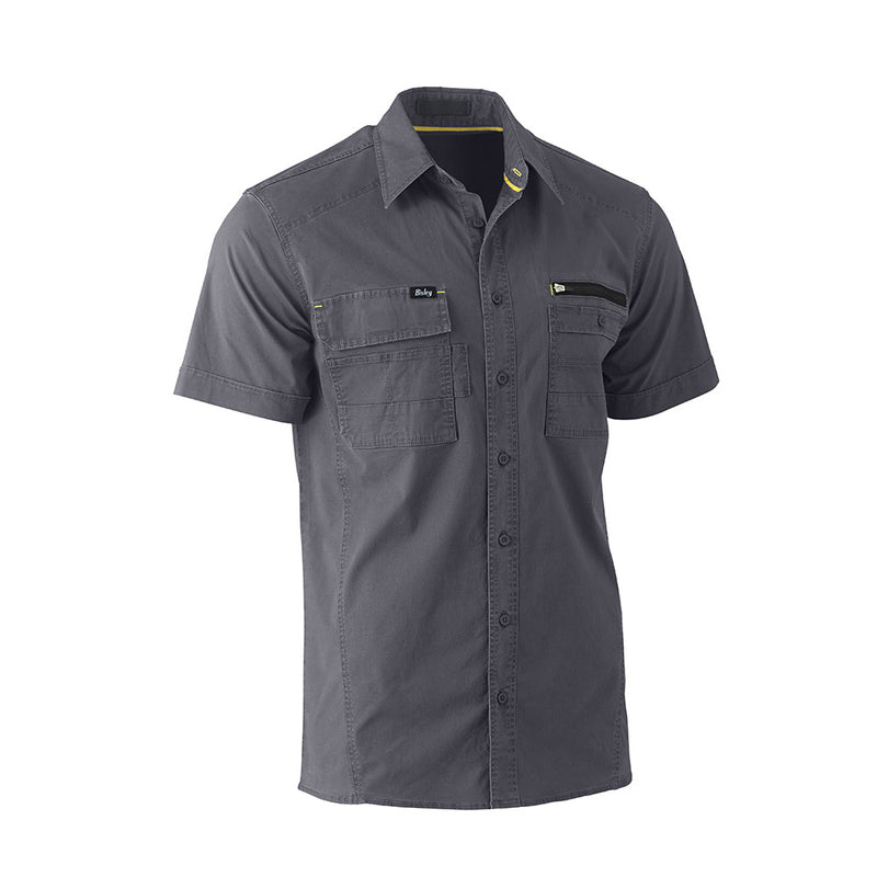 Load image into Gallery viewer, Bisley Flex & Move Utility Shirt featuring multifunctional chest pockets with tape and zipper closures, structured collar, and stretch cotton poplin for comfort, ideal for active work environments.