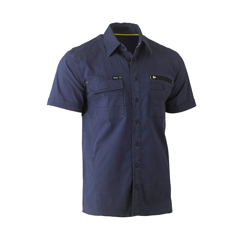 Load image into Gallery viewer, Bisley Flex & Move Utility Shirt showcasing multifunctional chest pockets with closures for tools, pens, and business cards, designed for comfort and movement, ideal for workplace safety and utility.