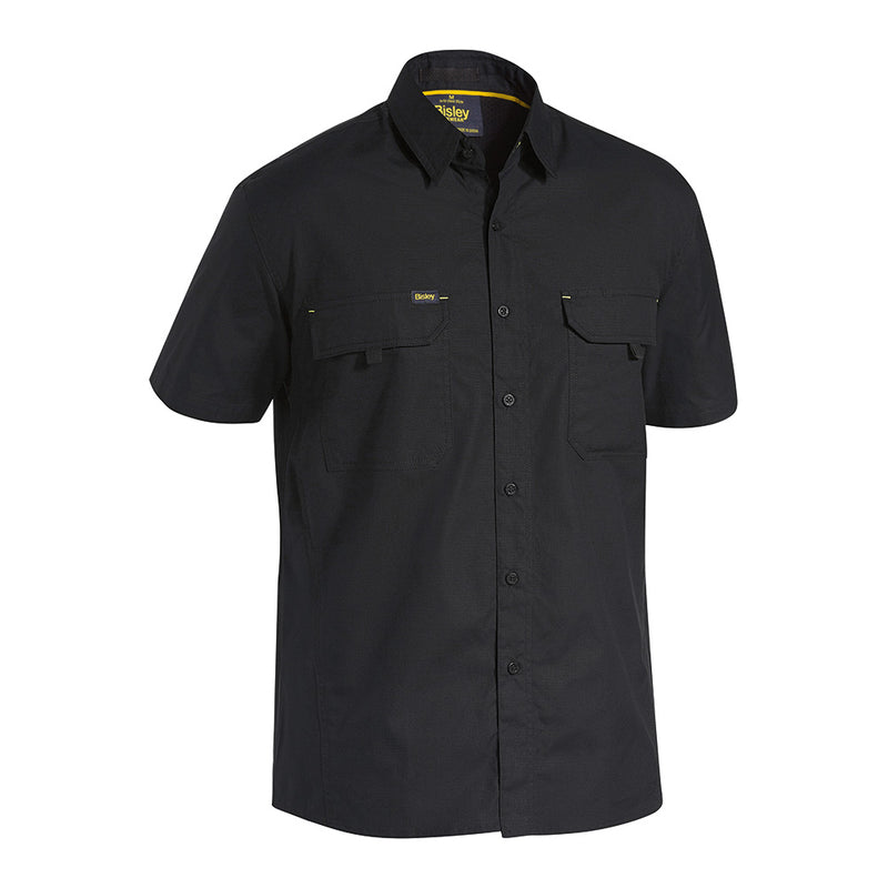 Load image into Gallery viewer, Bisley X Airflow Ripstop Short Sleeve Shirt featuring two chest pockets with touch tape closure, a pen division, hidden phone pouch, and a two-piece structured collar, ideal for workplace safety and comfort.